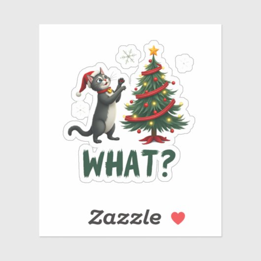 What Funny Cat Pushing Christmas Tree Over Cat Xma Sticker (Vel)