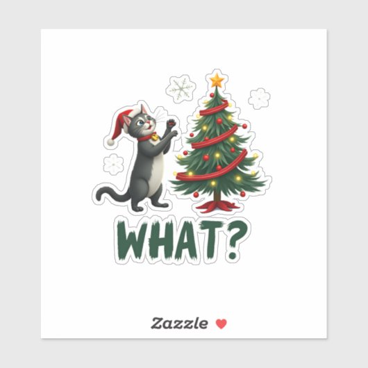 What Funny Cat Pushing Christmas Tree Over Cat Xma Sticker (Vel)