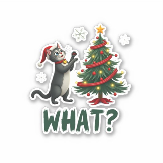 What Funny Cat Pushing Christmas Tree Over Cat Xma Sticker (Voorkant)