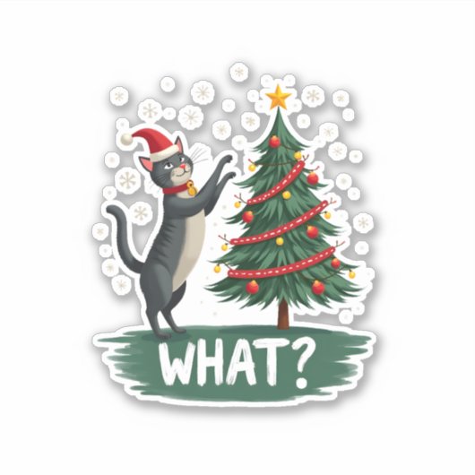 What Funny Cat Pushing Christmas Tree Over Cat Xma Sticker (Voorkant)