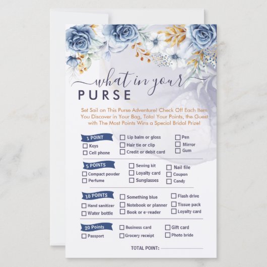 What in Your Purse Blue Floral Bridal Shower Games (Voorkant)