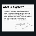 What is Algebra? Poster<br><div class="desc">This poster defines the term algebra. Great for high school classrooms or in college mathematics departments. Customizable. Can be printed at smaller and larger sizes.</div>