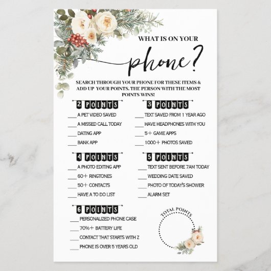What is on Phone Winter Bridal Shower Game Card Flyer (Voorkant)