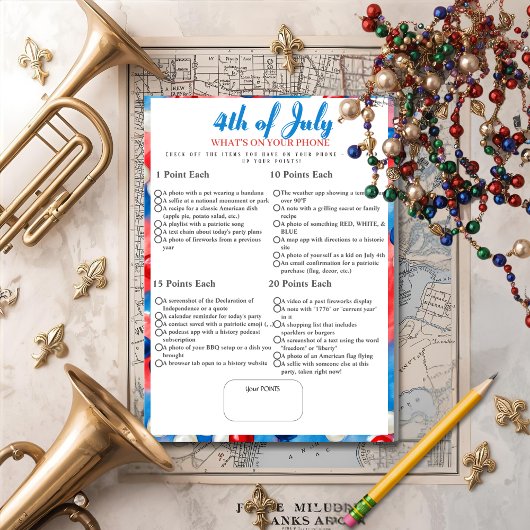 What’s in Your Phone? 4th of July Game Beads card Kaart