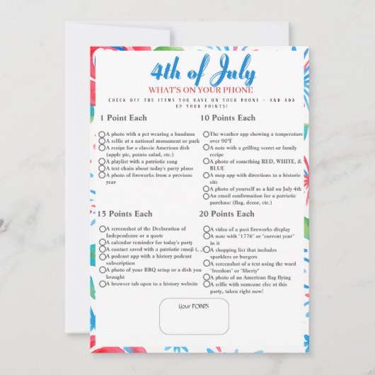 What’s in Your Phone? 4th of July Game card Kaart (Voorkant)
