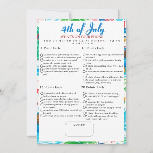 What’s in Your Phone? 4th of July Game pool card Kaart (Voorkant)