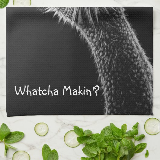 "Whatcha Makin"?" Ostrich Black en White Theedoek (Gevouwen)