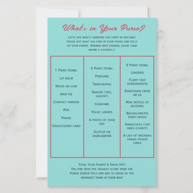 What's in Your Purse? Bachelorette Party Game (Voorkant)