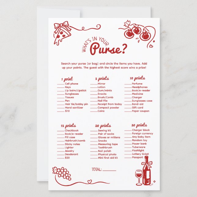 Whats In Your Purse Italian Bridal Party Game Card (Voorkant)