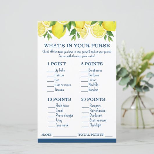 What's in Your Purse Lemon Bridal Shower Game (Staand voorkant)