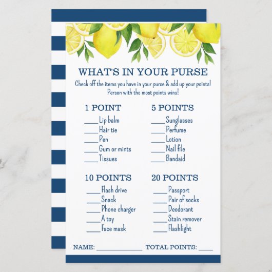 What's in Your Purse Lemon Bridal Shower Game (Voorkant / Achterkant)