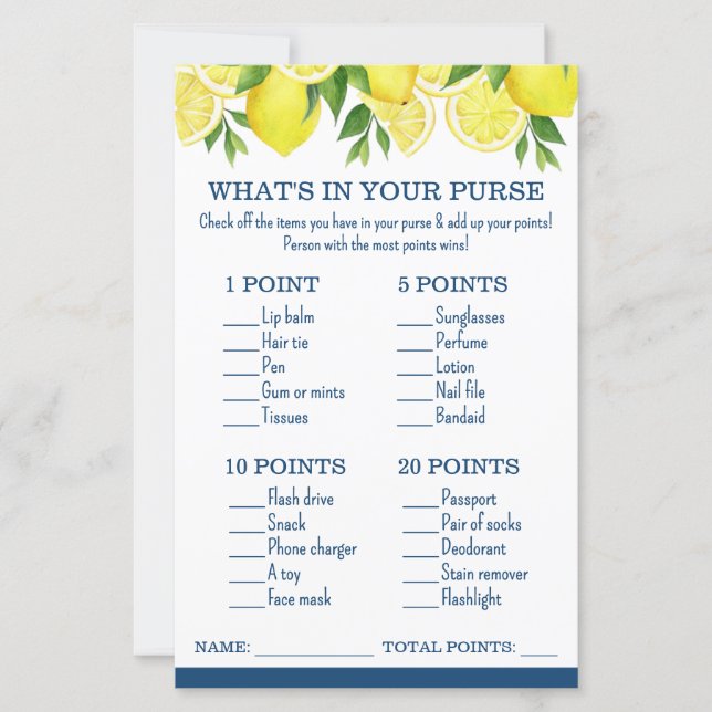 What's in Your Purse Lemon Bridal Shower Game (Voorkant)