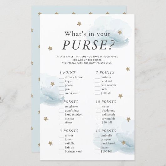 What's in Your Purse Star Blue Baby Shower Game (Voorkant / Achterkant)