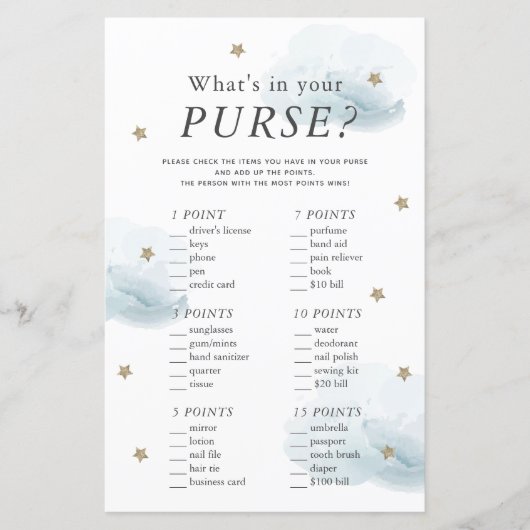 What's in Your Purse Star Blue Baby Shower Game (Voorkant)