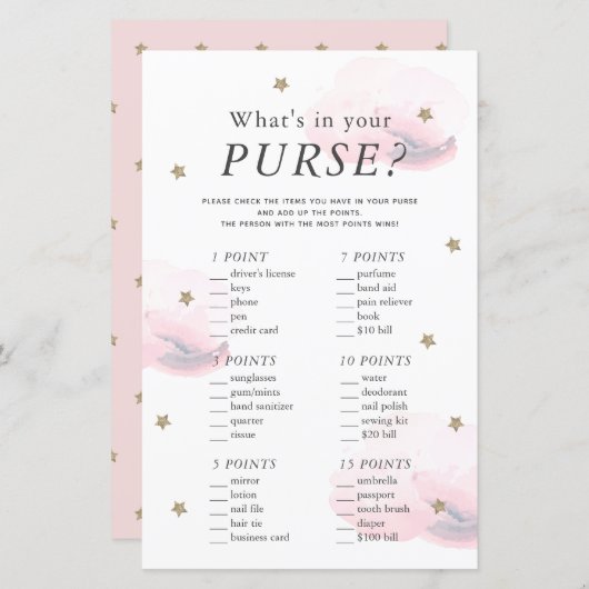 What's in Your Purse Star Pink Baby Shower Game (Voorkant / Achterkant)