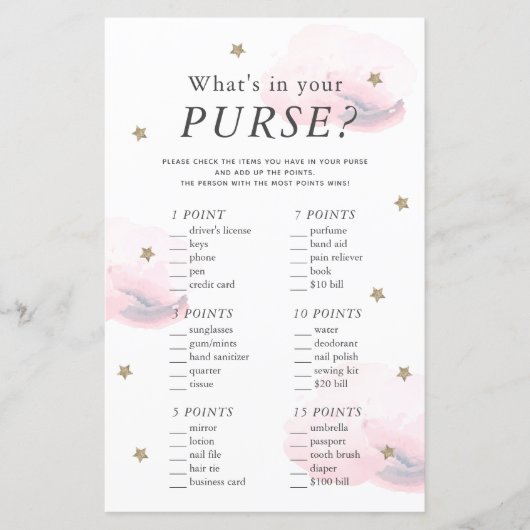 What's in Your Purse Star Pink Baby Shower Game (Voorkant)