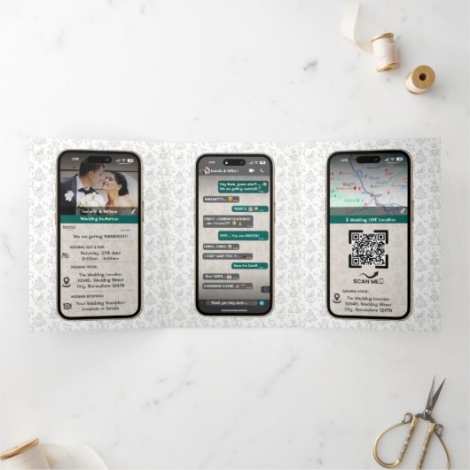 WhatsApp iPhone Chat thema bruiloft QR-code Drieluik Uitnodiging (Binnen)