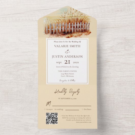 Wheat Field Fence Western Wedding All In One Uitnodiging (Binnen)