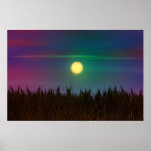 Wheat Field Night sky en moon Oil Painting Summer Poster