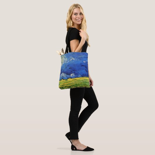 Wheat Field under Clouded Sky by Vincent van Gogh Tote Bag (Op model)