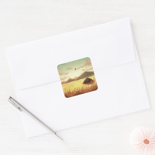 Wheat fields at sunrise vierkante sticker (Envelop)