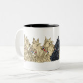 Wheaten & Black Scotties in een Line Tweekleurige Koffiemok (Voorkant links)