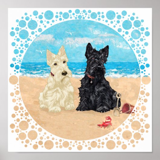 Wheaten & Black Scotties op het strand Poster (Voorkant)