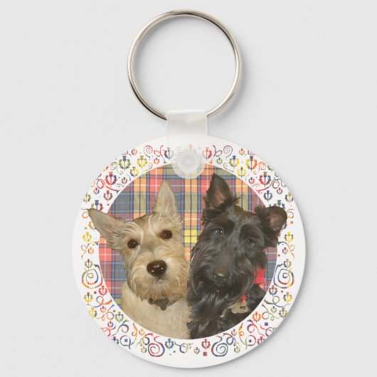 Wheaten & Black Scotties op Tartan Sleutelhanger (Voorkant)