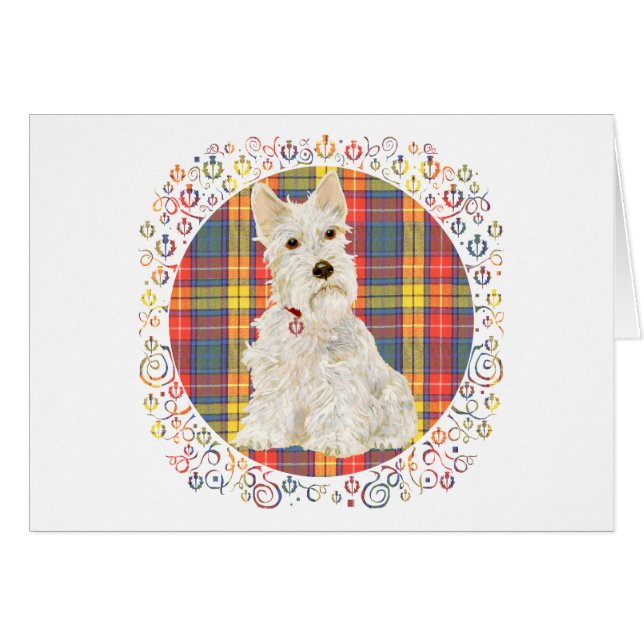 Wheaten Scottie op Buchanan Tartan (Voorkant Horizontaal)