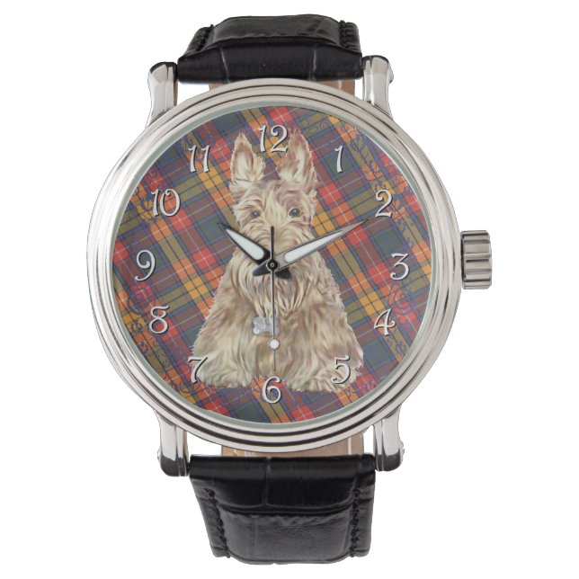Wheaten Scottie Tartan Horloge (Voorkant)