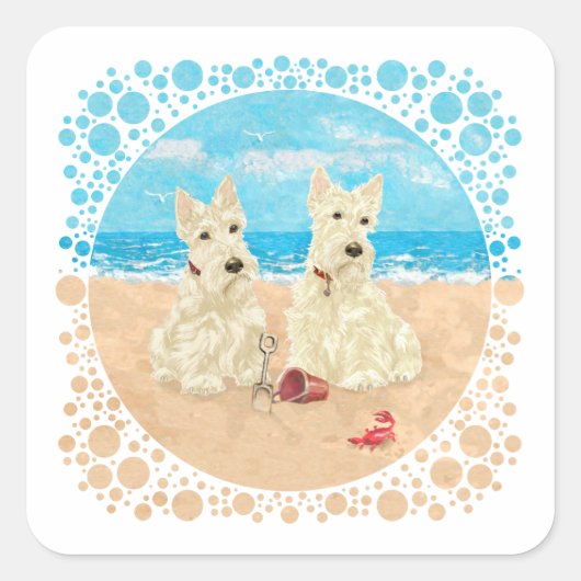 Wheaten Scotties op het strand Vierkante Sticker (Voorkant)