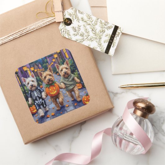 Wheaten Terrier Dogs In Halloween Cotumes Vierkante Sticker (Geschenken)