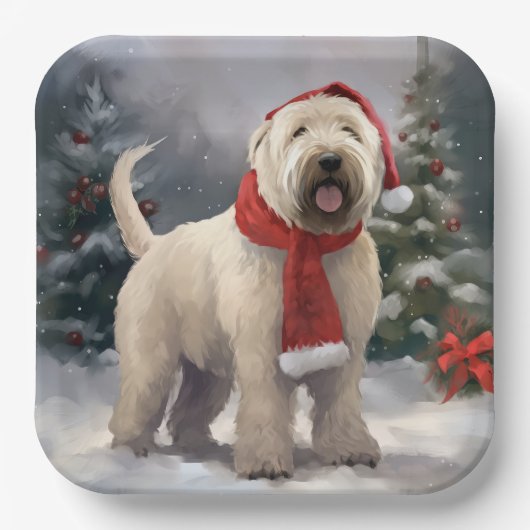 Wheaten Terriër Hond in Sneeuw Kerstmis Papieren Bordje (Voorkant)