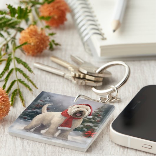 Wheaten Terriër Hond in Sneeuw Kerstmis Sleutelhanger (Voorkant Rechts)