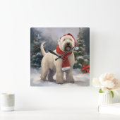 Wheaten Terrier Hond in Sneeuw Kerstmis Vierkante Klok (Huis)