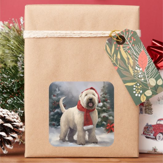 Wheaten Terriër Hond in Sneeuw Kerstmis Vierkante Sticker (Feestdagen)