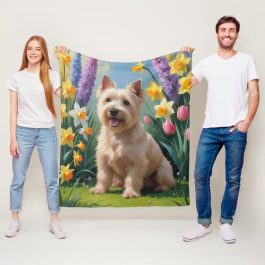 Wheaten Terrier Hond Lente Bloemen Schilderij Fleece Deken (In situ)