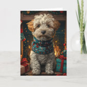 Wheaten Terrier-hond met kerstcadeaus bij de open Kaart (Voorkant)