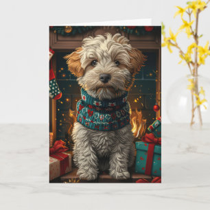 Wheaten Terrier-hond met kerstcadeaus bij de open  Kaart