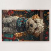 Wheaten Terrier-hond met kerstcadeaus bij de open Legpuzzel (Horizontaal)