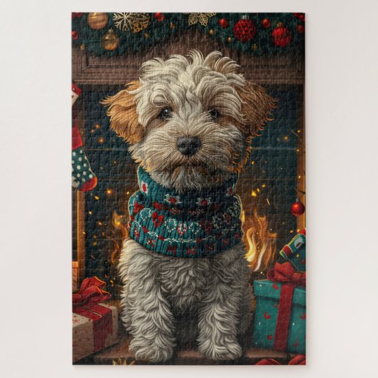 Wheaten Terrier-hond met kerstcadeaus bij de open Legpuzzel (Verticaal)