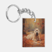 Wheaten Terrier in herfstbladeren val inspireert Sleutelhanger (Voorkant Links)