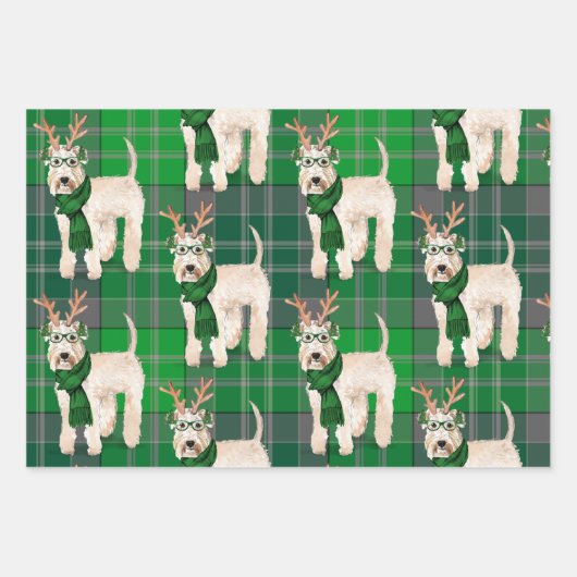 Wheaten Terriër Kersthond en Green Plaid Inpakpapier Vel (Voorkant 3)