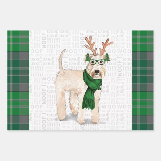 Wheaten Terriër Kersthond en Green Plaid Inpakpapier Vel (Voorkant)