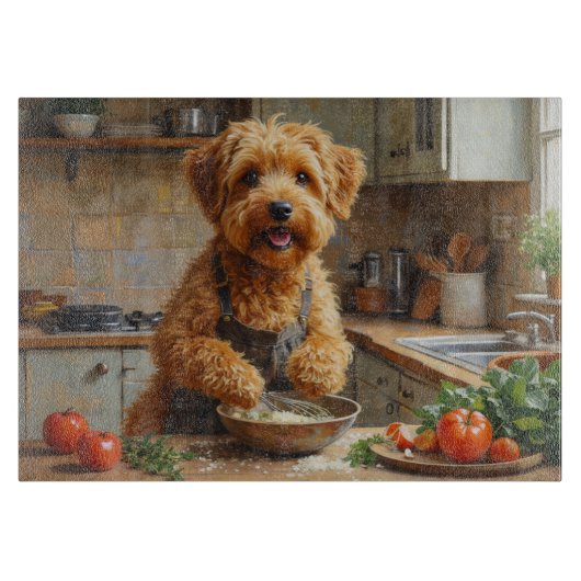 Wheaten Terrier Kookt in Keuken Snijplank (Voorkant)