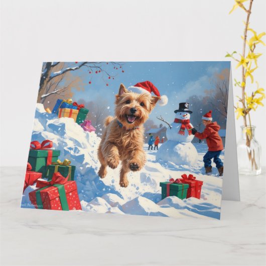 Wheaten Terrier Loopt In Sneeuw Met Kerst Pet Kaart (Gele Bloem)