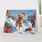 Wheaten Terrier Loopt In Sneeuw Met Kerst Pet Kaart (Voorkant)