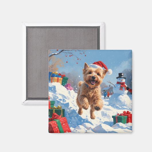 Wheaten Terrier Loopt In Sneeuw Met Kerst Pet Magneet (Voorkant / Achterkant)