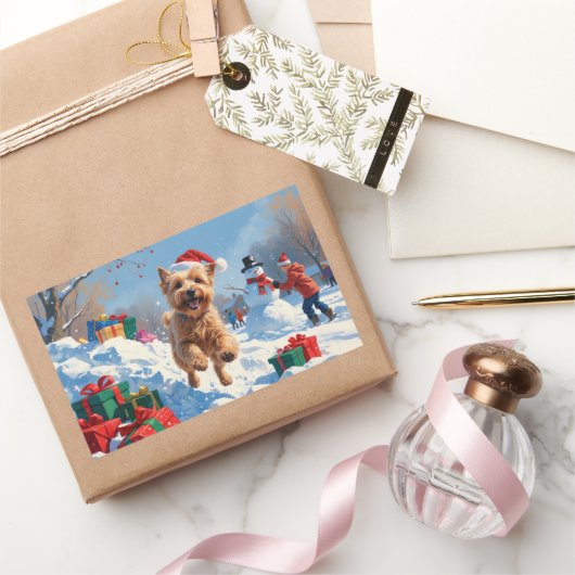 Wheaten Terrier Loopt In Sneeuw Met Kerst Pet Rechthoekige Sticker (Geschenken)