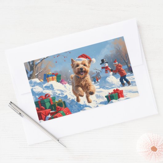 Wheaten Terrier Loopt In Sneeuw Met Kerst Pet Rechthoekige Sticker (Envelop)